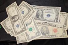 Lot of 10 bills. Includes 1963 Red Seal $5, 1934 $5 Silver Certificate, (2) 1957 $1 Silver