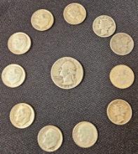 Lot of 12 Silver Coins. Includes 1946 Quarter and (4) 1964, 1956, 1962 and 1961 Dimes. Also,
