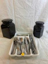 Kitchen Lot. Includes heavy silverware and cookie jars.