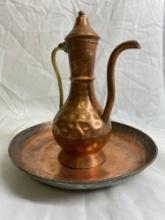 Vintage Brass and Copper Hammered Teapot with Plate.