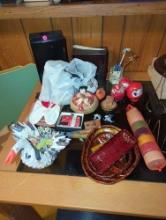 (LR) LOT OF ORIENTAL DECORATIONS, VARIOUS TYPES AND SIZES. WOOD BOXES, DARUMA, ORIENTAL FABRIC