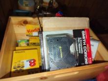 (LR) WOOD BOX LOT OF MISCELLANEOUS ITEMS TO INCLUDE, CAMERA FILM. SMITH CORONA ACCESSORIES, ETC