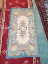 (DEN) TRANS OCEAN AREA RUG, WITH COLORS OF RED, BLUE, IVORY AND BROWN, HAND WOVEN, MEASURE