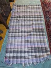 (DEN) PLAID WOVEN AREA RUG THIN, HAS END FRINGE, COLORS ARE BLUE, WHITE, BLUSH PINK, AND NAVY BLUE,
