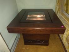 (DEN) JAPANESE KEYAKI HIBACHI SIDE TABLE WITH COPPER LINER AND GLASS LID, APPROXIMATE DIMENSIONS -
