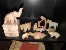 (DBR1) LOT OF (9) CARVED STONE FETISH ANIMAL FIGURINES TO INCLUDE: AN ELEPHANT IN SQUARE BASE, (2)