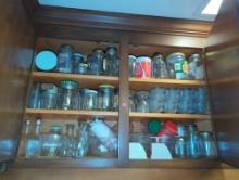 (KIT) CABINET FILLED WITH GLASSWARE, JARS, CUPS, CONTAINERS, ETC