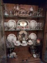 (DR) CONTENTS OF CABINET TO INCLUDE A 4 PC. SILVERPLATE TEA SET, DUCHESS FLORAL BONE CHINA, MISC.