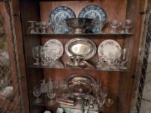 (DR) REMAINING CONTENTS OF CABINET TO INCLUDE VARIOUS SILVERPLATE SERVING PIECES, MISC. CLEAR