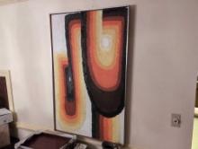(DR) VINTAGE MID CENTURY MODERN PAINTING ON CANVAS OF AN ABSTRACT SCENE. UNSIGNED. DISPLAYED IN WOOD
