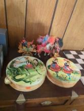 (LR) LOT OF 4 ITEMS TO INCLUDE 2 HAND PAINTED TAMBOURINES, APPROX 6 1/2"D, ITALIAN DECORATIVE HORSE