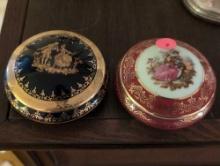 (DR) LOT OF (2) LIMOGE FRANCE PORCELAIN VICTORIAN SCENE COVERED DISHES. ONE IS RED WITH 22KT. GOLD