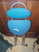 (LDR) BLUE FOLDING CHAIR, SEAT HAS TEAR IN IT, APPROXIMATE DIMENSIONS - 30" H X 14" W X 18" D, WHAT