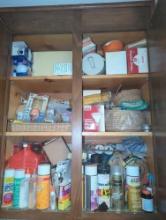(LDR) CABINET LOT OF ASSORTED ITEMS INCLUDING WOVEN BASKETS, SUPER SPOT REMOVER, DEVCON CONTACT