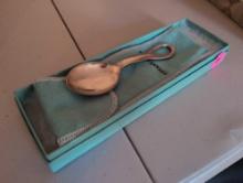 (UPOFC) TIFFANY & CO. STERLING SILVER BABY SPOON,. MONOGRAMMED "NF TO BK". COMES WITH BOX AND CLOTH