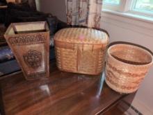 (UPOFC) 3 PC. LOT TO INCLUDE: A VINTAGE LEATHER COVERED FLEUR DE LIS DETAILED WASTE PAPER BASKET