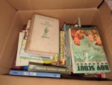 (UPBR1) BOX LOT OF VINTAGE BOOKS, BOY SCOUT HANDBOOK, CONQUEST OF EARTH, TALL TEAM. ETC