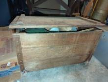 (GAR) LOT OF MISC ITEMS TO INCLUDE, WOODEN STORAGE TRUNK WITH CONTENTS, 31 3/4"X 16 3/8"H, UMBRELLA