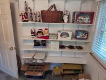 (BR2) LARGE LOT TO INCLUDE: A VINTAGE TIN DOLL HOUSE, WOODEN SANTA FIGURINES, DORA AND WINNIE THE