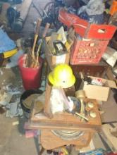 (GAR) LARGE LOT OF MISCELLANEOUS ITEMS TO INCLUDE, SPEAKERS, HARDHAT, VINTAGE PHONE. TENNIS RACKETS,
