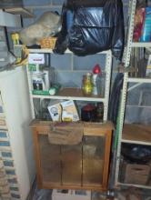 (GAR) LARGE LOT OF MISCELLANEOUS ITEMS TO INCLUDE, THERMOS COOLER, SHELF, VASES, OLD PAINT. COOKIE