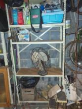 (GAR) LOT OF MISCELLANEOUS ITEMS TO INCLUDE, VINTAGE FAN, METAL SHELF, WOOD BOX, ETC, SEE PHOTOS