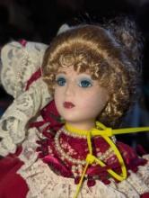 (GAR) Victorian Style Porcelain Doll with Blonde Hair and Blue Eyes Wearing a Burgundy Dress with