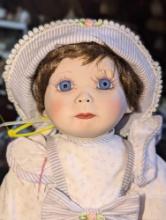 (GAR) Heritage Dolls Collection "Danielle" Porcelain Doll, Brown Hair and Blue Eyes with White