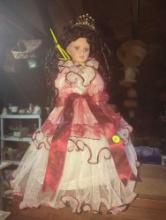 (GAR) "Miss Quince Anos" Umbrella Style Porcelain Doll with Brown Hair and Brown Eyes Wearing a