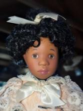 (GAR) The Dynasty Doll Collection "Audrey" Porcelain Doll with Black Hair and Brown Eyes Wearing a