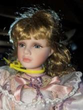 (GAR) Golden Keepsakes Victorian Style Porcelain Doll with Light Brown Hair and Blue Eyes Wearing a