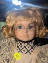(GAR) Victorian Treasures Porcelain Doll with Blonde Hair and Blue Eyes with Glasses Wearing a Blue