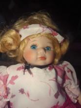 (GAR) Blonde Haired and Blue Eyed Porcelain Doll Wearing a White Dress with Pink Flowers,