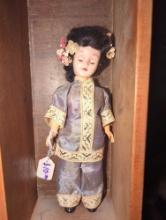 (GAR) Antique Vintage Asian Doll with decorative wooden case. Wooden case: 4 1/2" W X 4" D X 12.5"