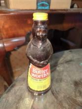 (GAR) EARLY STYLE GLASS MRS BUTTER WORTH'S SYRUP BOTTLE WITH LID, WHAT YOU SEE IN PHOTOS IS WHAT YOU