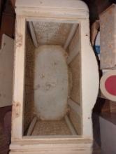 (GAR) 1 lot of 3 items including a 17" H clothes hamper, a 14" H waste basket, and metal window
