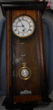 ANTIQUE WIND UP WALL CLOCK WITH KEY AND PENDULUM