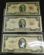 3 1953 Red Seal $2 US Bank Notes
