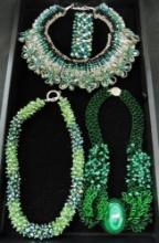 Tray Lot of Costume Jewelry - 3 Hand Beaded Statement Necklaces - 1 Bracelet