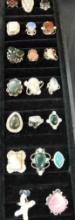 Tray Lot of Costume Jewelry - 20 Natural Stone Rings - Various Sizes