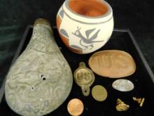 Tray Lot - Powder Flask - US Buckle - R. Guemes Pot - Plus More
