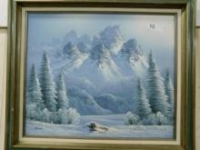 Oil on Canvas - Signed Rollo - Framed - Snowy Mountain Scene - 26.5" x 31"