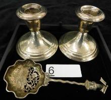 Sterling Silver - 2 Gorham Weighted Candle Holders - 1 Detailed Spoon