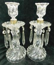 Vintage Glass Candle Stick Holders with Prisms - Each 10.75" x 4.5"