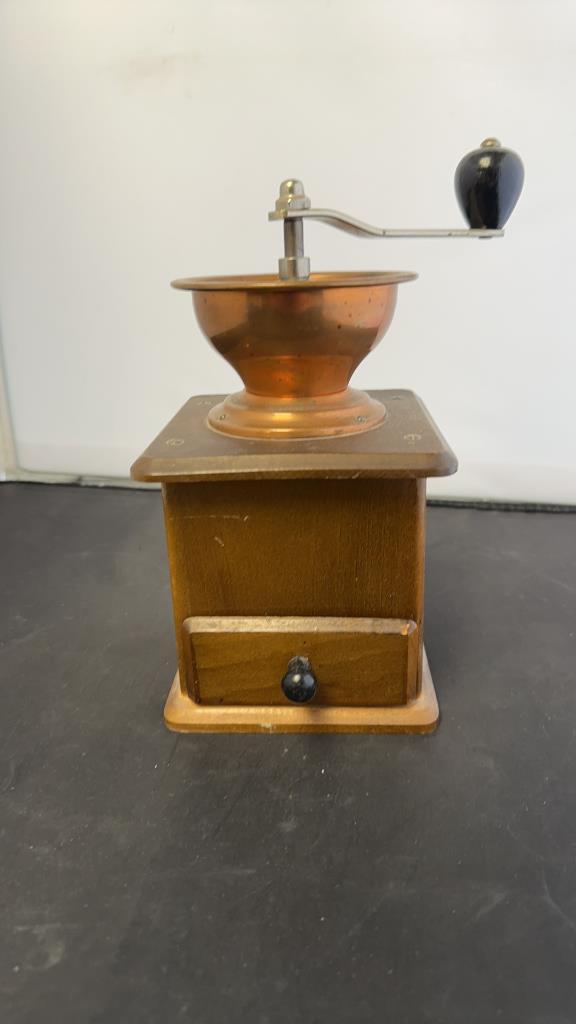 VINTAGE COPPER AND WOOD COFFEE MILL