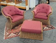 PAIR OF VINTAGE WICKER ARMCHAIRS WITH OTTOMAN