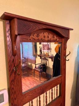 Oak Hall Tree and Mirror w/ Built-In Bench