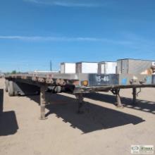 FLAT DECK SEMI TRAILER, 1986 RAVENS, 45FT, TANDEM AXLE. ALUMINUM FRAME AND DECK. CRACKED FRAME