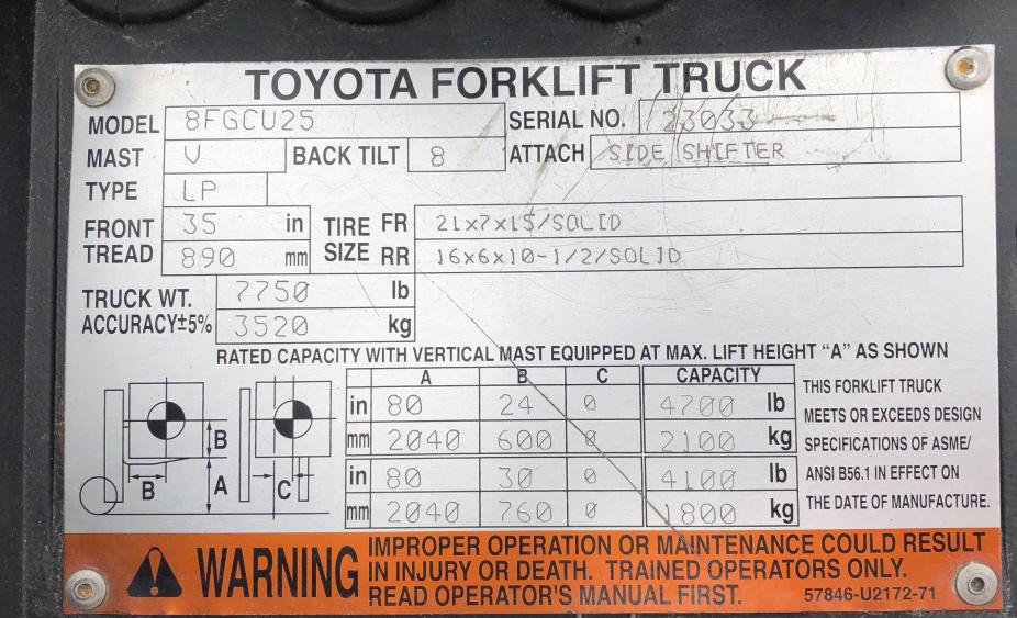 2008 Toyota 4700Lb LP Forklift 8FGCU25