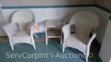 Lot of White Wicker Chairs & Center Table